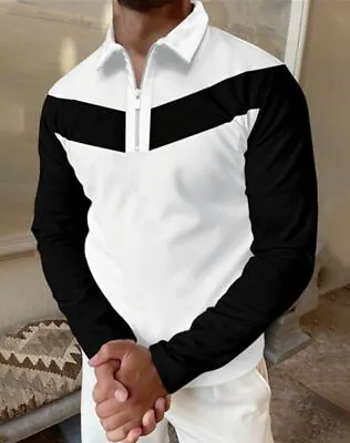 $22.98 • Buy ⭐Polo T Shirts Men Zipper Collar Long Sleeve Black White Contrast Golf Sport Tee