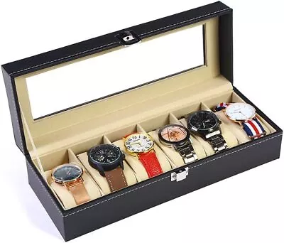 Watch Case6 Slot Leather Watch Box Display Case Organizer Glass Jewelry Storage • $18.99