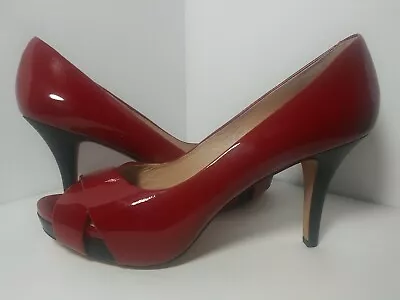 Via Spiga Shoes Red Heels Pumps Peep Toe Patent Leather Crisscross Size 8.5 M • $45.99