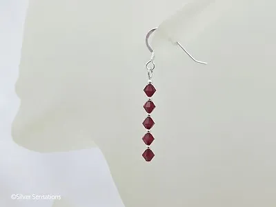 Ruby Red Sterling Silver Elegant Slim Drop Earrings With Swarovski Crystals • £13.75