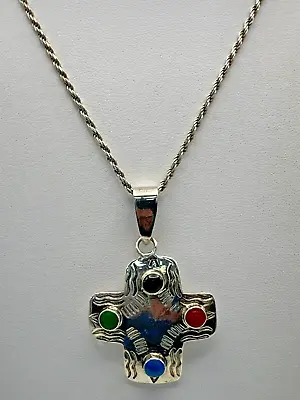 Taxco Sterling Silver Equal Armed Cross Semi Precious Gemstones Pendant Necklace • $34