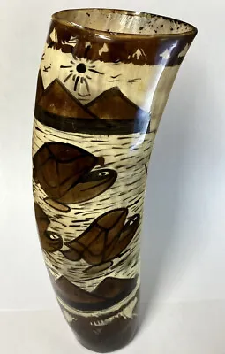 £10 • Buy African Hand Painted Free Standing 9” Drinking Horn With Turtle Theme-Cabo Verde