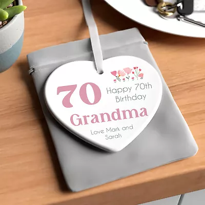 Personalised 70th Birthday Gift Her Mum Women 70 Ceramic Heart With Gift Bag • £8.49