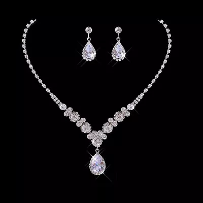 Wedding Bridal Crystal Rhinestone Women Necklace Earrings Set Jewelry Gift Set • $12.95