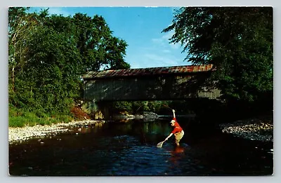 Man Fishing Trout River By Covered Bridge Riffle Vermont VINTAGE Postcard 0091 • $4.43