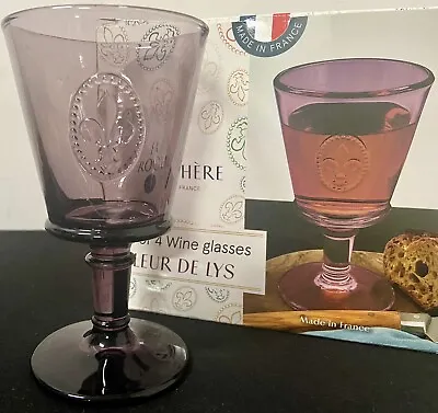 4 New LA ROCHERE France Fleur De Lys Purple Wine Glasses ~ Valentine’s Day • $34.95
