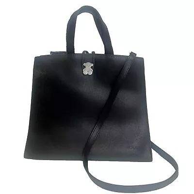 TOUS Black Leather Double Handled Shoulder Strap Iconic Bear Silver Closure Bag • $110