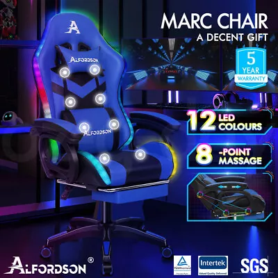 $199.95 • Buy ALFORDSON Gaming Office Chair 12 RGB LED Massage Computer Seat Footrest Blue