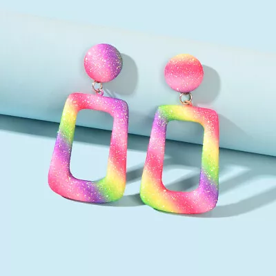 $1.99 • Buy Rainbow Color Rectangle Geometric Dangle Statement Drop Earrings For Women Party
