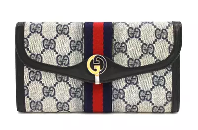 Gucci Vintage Wallet Threefold Long Purse Sherry GG Supreme Navy Authentic • $228.99