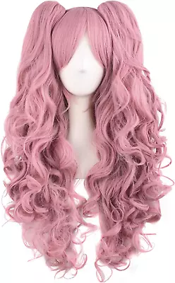 MapofBeauty Lolita Long Curly Clip On Ponytails Cosplay Wig Rouge Pink • £28.74