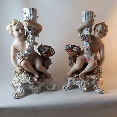 Vintage  Candlesticks (Pair) With Cherubs & Flower Bouquets Gold Trim • $59.98