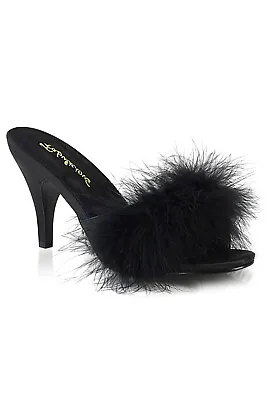 Pleaser USA Amour-03 Black PU Marabou Fur Slipper With Heel IN-STOCK • £55