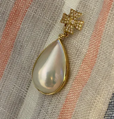 18k Yellow Gold Cross Style Pear Shape 13-14 Japan Mabe Pearl Open Clasp Pendant • $431.60