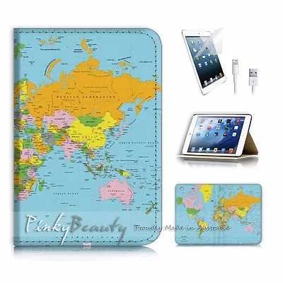 ( For IPad Mini Gen 1 2 3 ) Flip Case Cover P3583 World Map • £9.91