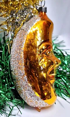 Vintage West Germany Glittered Moon Face Mercury Glass Christmas Ornament Gold • $13.99