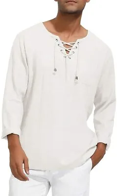 $72.69 • Buy PJ PAUL JONES Mens Scottish Jacobite Ghillie Linen Shirt For Kilts Lace Up Long 