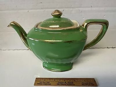 Vintage Hall China Pottery 6 Cup Teapot 0112S Green & Gold • $16.95