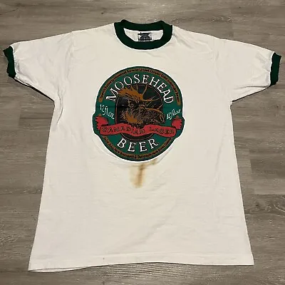 Vintage 80s Moosehead Beer Ringer T-Shirt Fits Size Medium Alcohol Promo Stained • $24.99