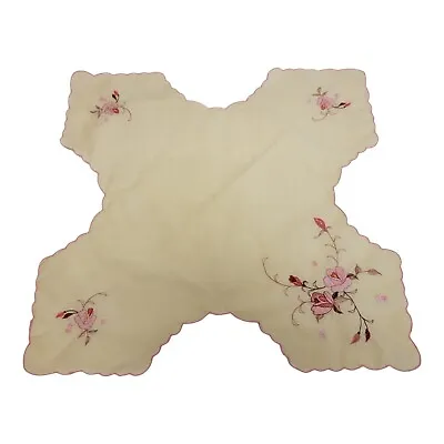 Vintage Embroidered Beige Pink Floral Cotton Bread Roll Basket Liner Cloth 15  • $5