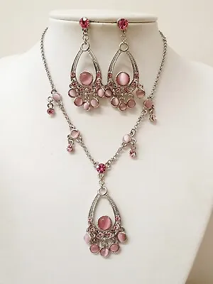 Women Fashion Wedding Party Long Dangle Necklace Earrings In Pink Colour • $7.99