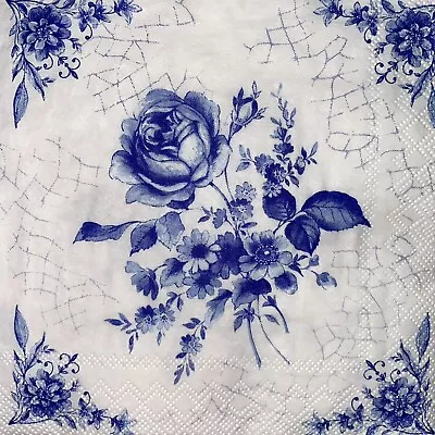 5 X  Paper Cocktail Napkins/Decoupage/Craft/Dining/Blue Rose On White  SC206 • £1.40