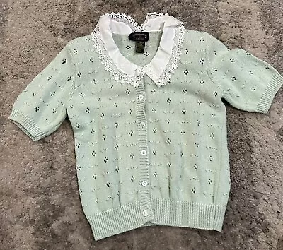 Vintage Charter Club Petite By Jane Justin Green Button Up Sweater Lace Collar • $16