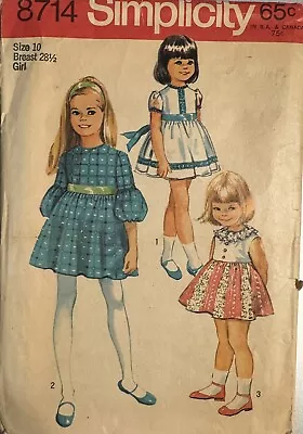 Vtg Simplicity Pattern 8714 Girls' Dress With Gathered Skirt Size 10 Breast 28.5 • $1.96