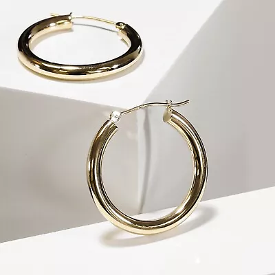 14K Solid Yellow Gold Shiny Polished Round Chunky Creole Hoop Earrings All Sizes • $99.99