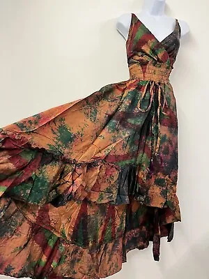 SILK Bohemian Dress Tie Dye Indian One Size Fairy Vintage Hippie Maxi African  • $60.42