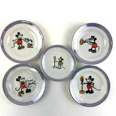 4 Vtg Mickey Mouse Childrens Tea Set Plates And 1 Saucer 1930s Japan Blue 3.75” • $45