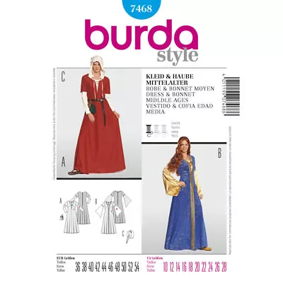 Burda Easy Costume SEWING PATTERN 7468 Medieval Dress & Bonnet 10-28 • £13.50