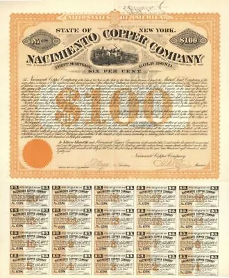 Nacimiento Copper Co. - 1881 Dated $100 New Mexico Mining Bond (Uncanceled) - Go • $125