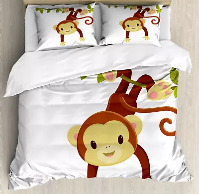 Nursery Duvet Cover Set With Pillow Shams Cartoon Monkey On Liana Print • $69.99