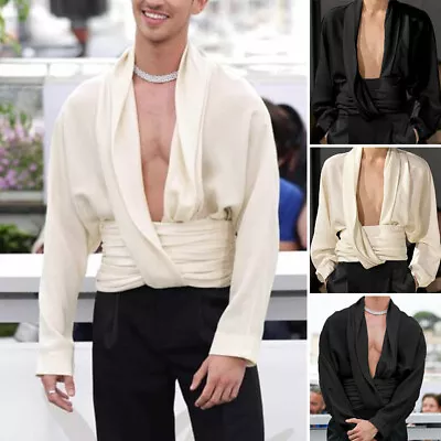 INCERUN Mens Deep V Neck Long Sleeve Tops T-shirt Party Club Solid Shirt Blouse • $23.74