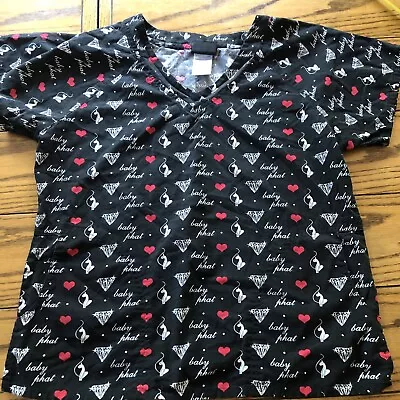 Baby Phat Women Scrub Top Medium Black Diamond/cats/heart Short Sleeve V Neck • $10