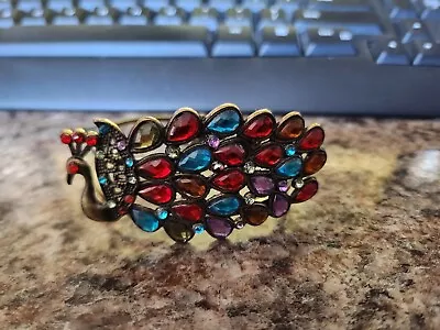 Vintage Multicolor Rhinestone Peacock Gold/Brass Tone Cuff Hinged Bracelet • $9.99