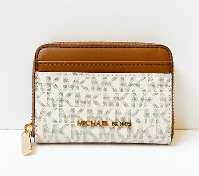 Michael Kors Jet Set Travel Md Zip Around Card Case Wallet Mk Vanilla/brown • $52