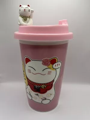Lucky Cat Travel Coffee Cup Pink Maneki Neko Ceramic Japan Lid Kitty Marker • $15.99
