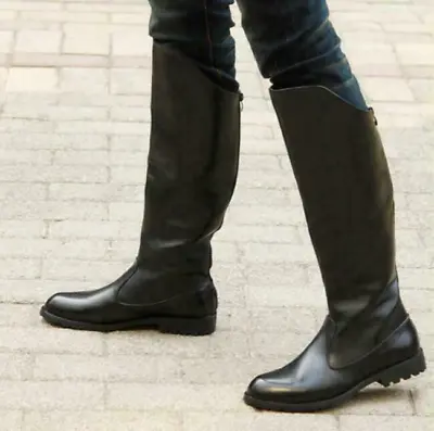 Mens Leather Equestrian Boots Flat Vintage Riding Military Boots Knee High Shoes • $94.04