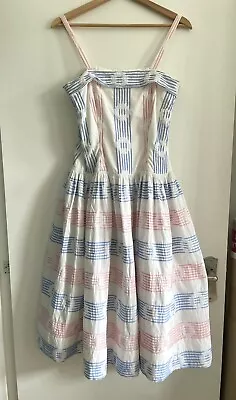 Vintage 1960s 50s Unique Pink White Blue Pastel Textured Full Skirt Sun Dress • £40