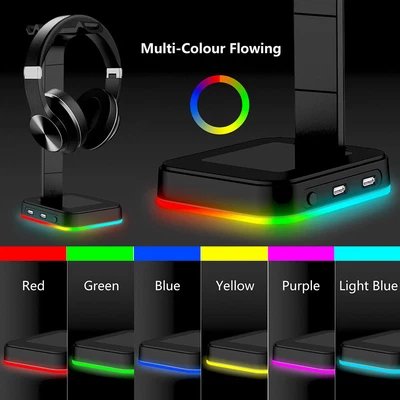 $27.41 • Buy RGB LED Gaming Headset Stand W/2 USB Ports Headphones Hanger Holder Base Display