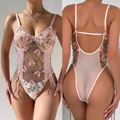 Women V-Neck Transparent Mesh Bodysuit Lingerie For Butterfly Embroidery Ro • £12.40