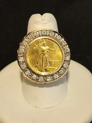 Men's 2Ct Round Cut Lab Created Diamond Liberty Coin Ring 14K Yellow Gold Plated • $155.19