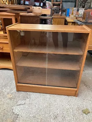 Vintage Mid Century Teak Glass Sliding Door Display Cabinet Adjustable Shelves • £74.99