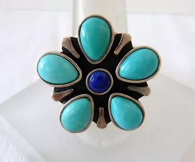 Signed JAY KING MINE FINDS Turquoise-Lapis Rosette Ring 925 Sterling Silver Sz 8 • $59.95