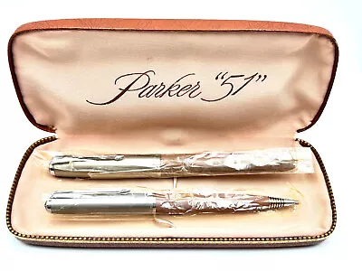 Vintage 1951 Nos! Parker 51 Cocoa & Lustraloy Demi Fountain Pen Pencil Set 14k F • $229