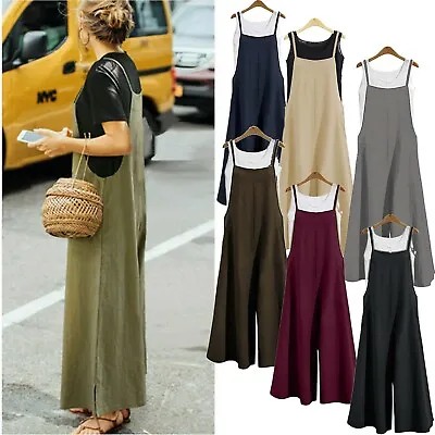 Womens Sleeveless Linen Plus Size Loose Jumpsuit Overall Trousers Wide Leg Pants • $35.05
