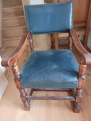 Large Leather Studded Vintage Carver Chair-horsehair Filled-good Used Condition • £150