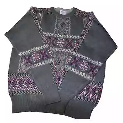 VTG Meister Purple Gray Wool Blend Crew Neck Ski Sweater SZ L • $34.87